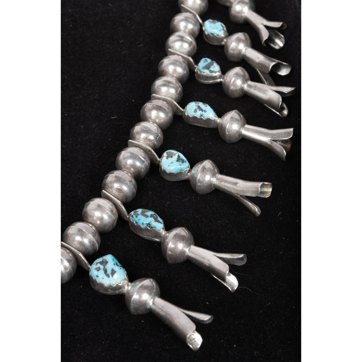 Antique Native American Navajo Sterling Silver Turquoise Squash Blossom Necklace