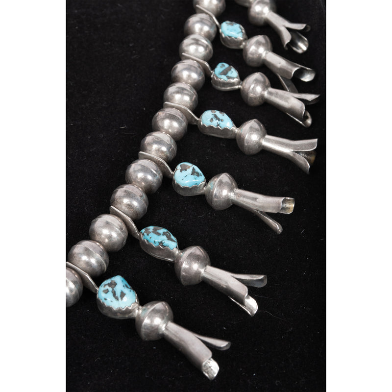 Antique Native American Navajo Sterling Silver Turquoise Squash Blossom Necklace