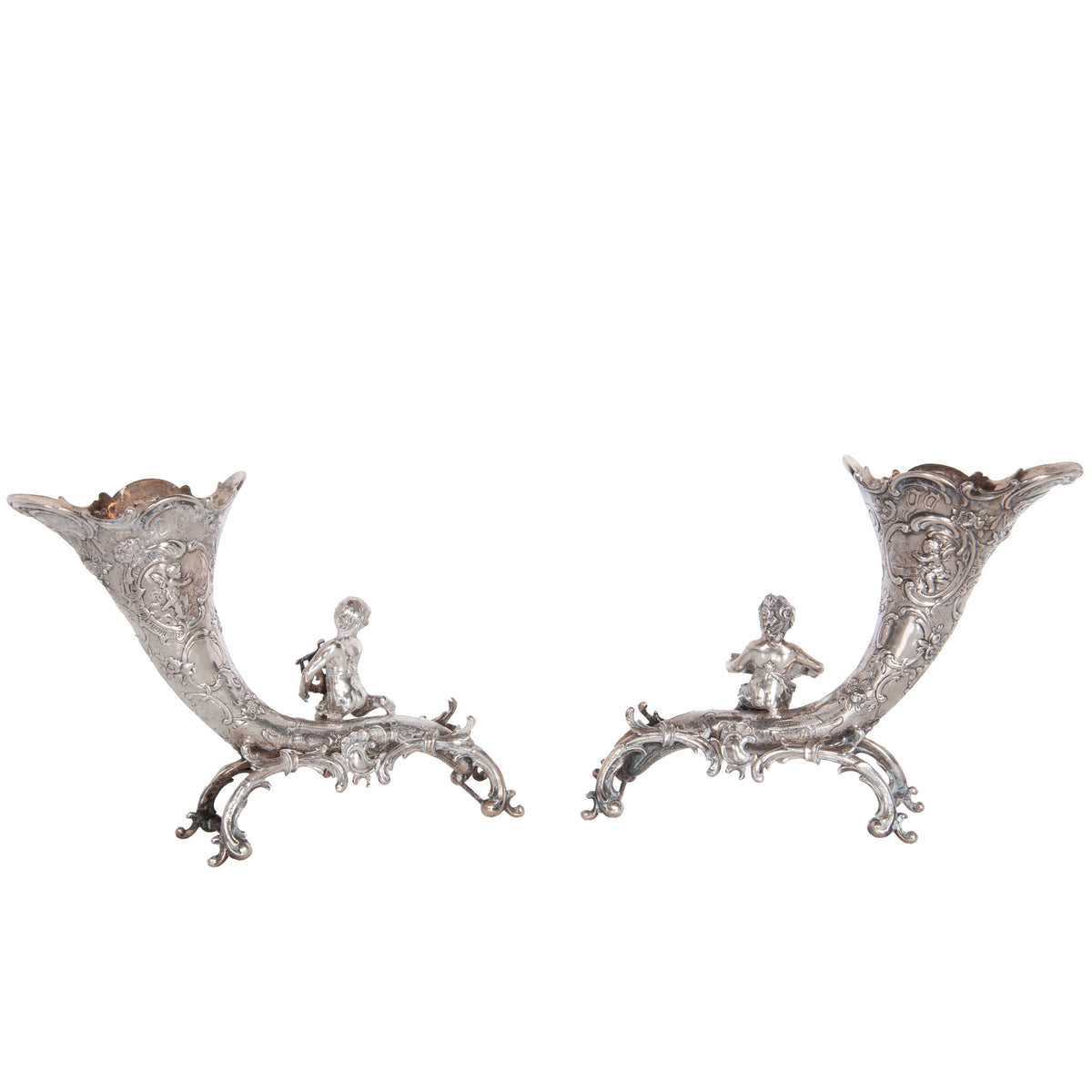 Pair Antique German Repoussé 800 Silver Cornucopia Cherub Vases Hanau 1890