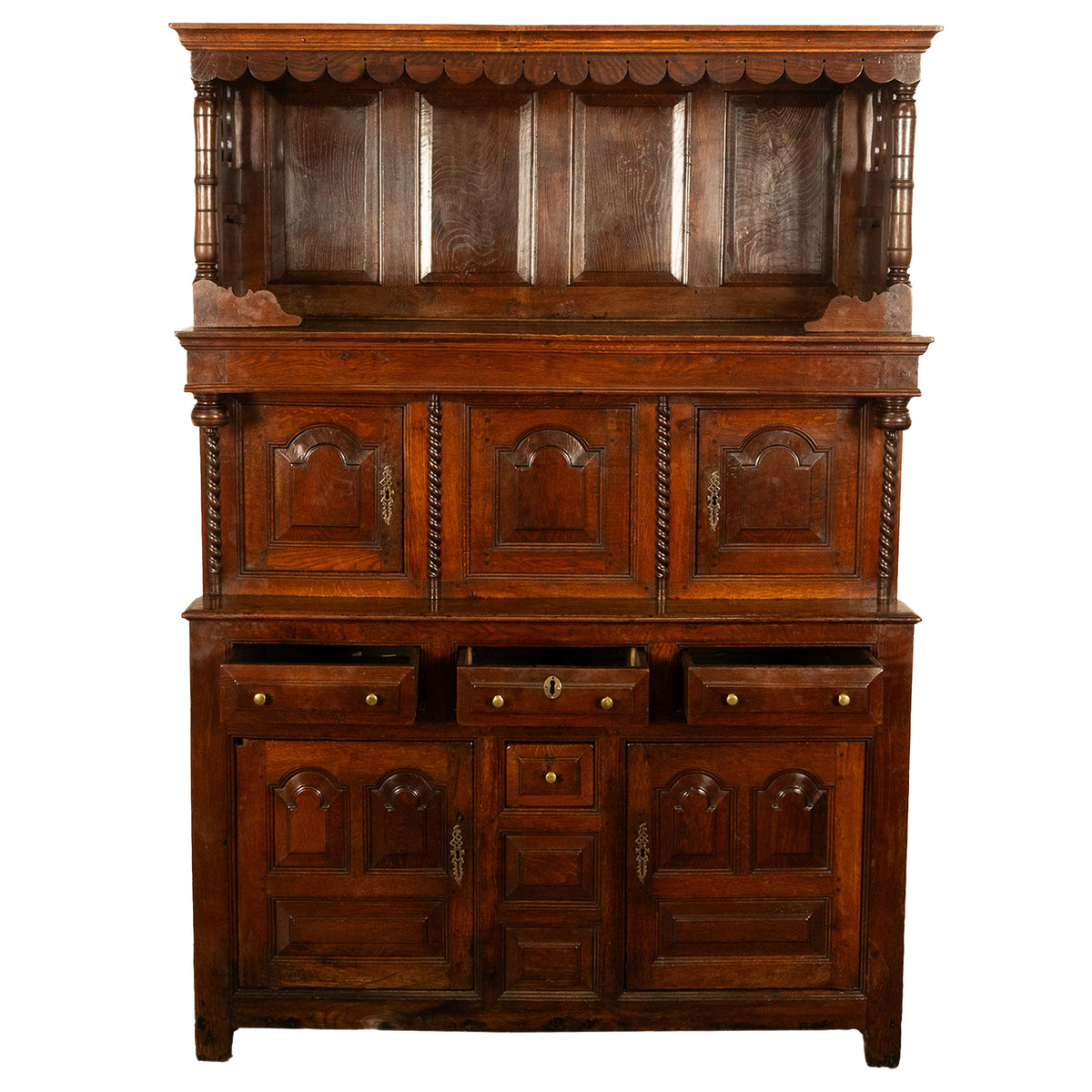 Antique Early 18th Century Carved Oak Welsh Cwpwrdd Tridarn Cupboard Cabinet 1730