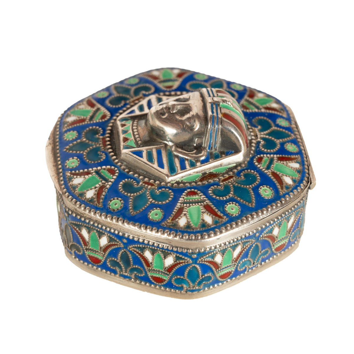 Antique Art Deco King Tut Egyptian Revival Silver Gilt Enamel Cloisonne Box 1925