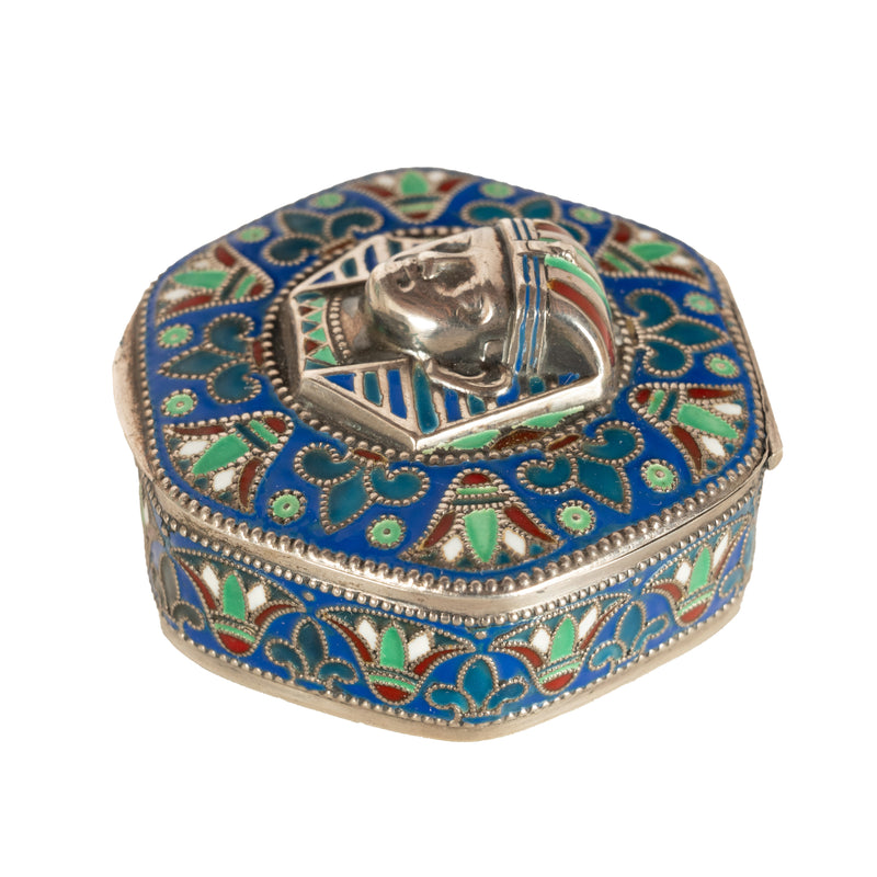 Antique Art Deco King Tut Egyptian Revival Silver Gilt Enamel Cloisonne Box 1925