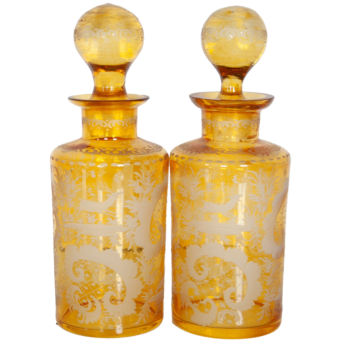 Antique Pair 19th Century Etched Bohemian Amber Glass Wine Liquor Decanters 1880