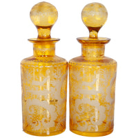Antique Pair 19th Century Etched Bohemian Amber Glass Wine Liquor Decanters 1880