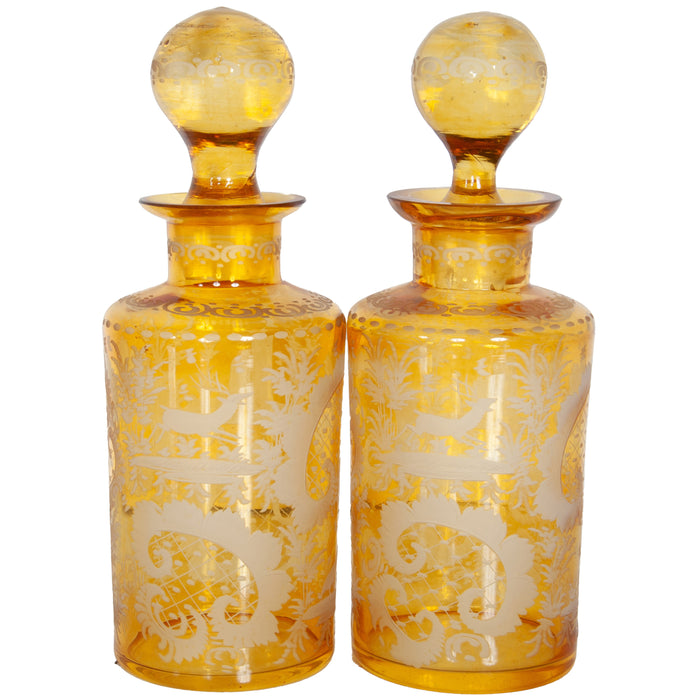Antique Pair 19th Century Etched Bohemian Amber Glass Wine Liquor Decanters 1880