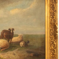 19th Century Belgian Realist Pastoral Oil Canvas Landscape Painting Ram Sheep & Goat