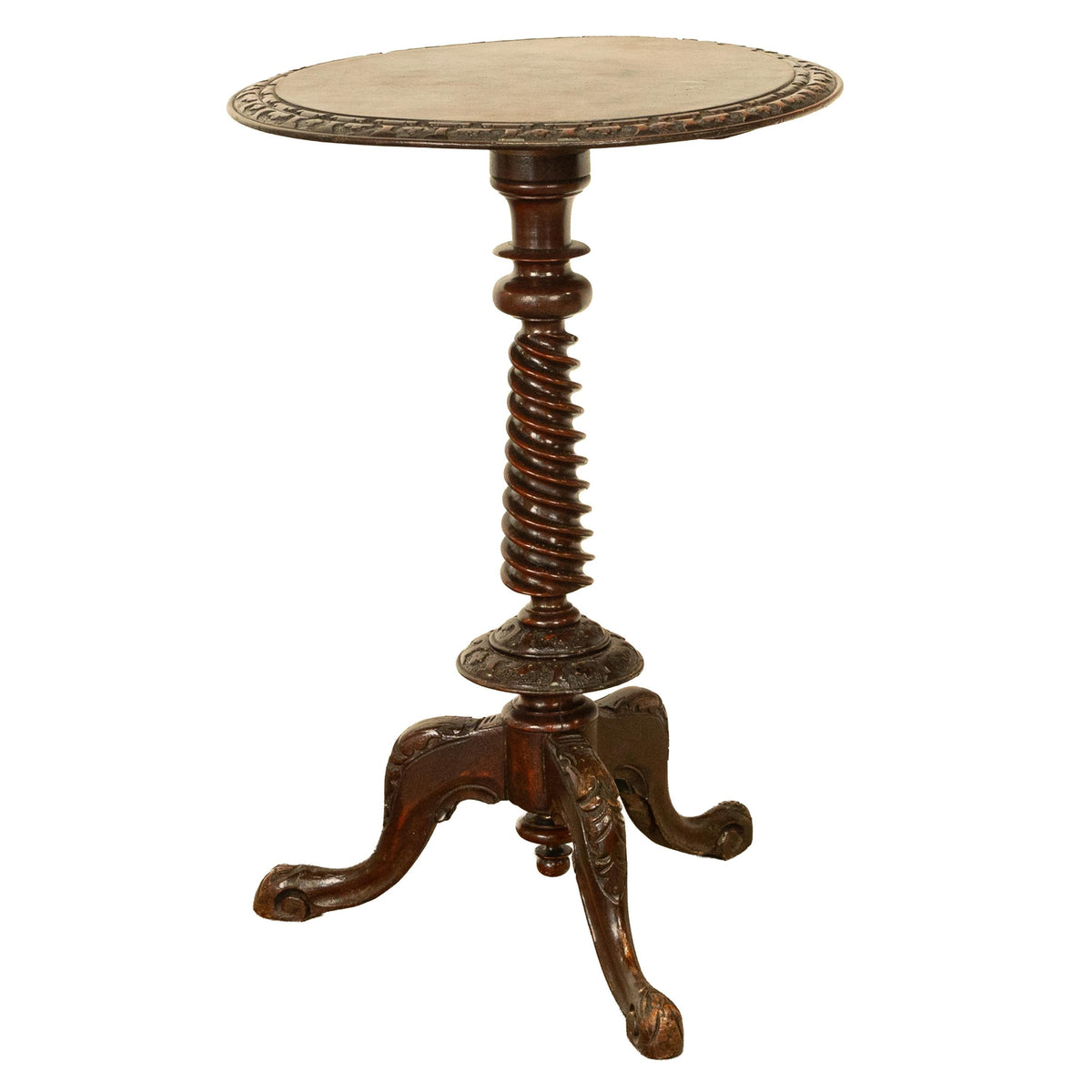 Antique Irish Carved Burl Walnut Spiral Twist Pedestal Tripod Wine Table 1860