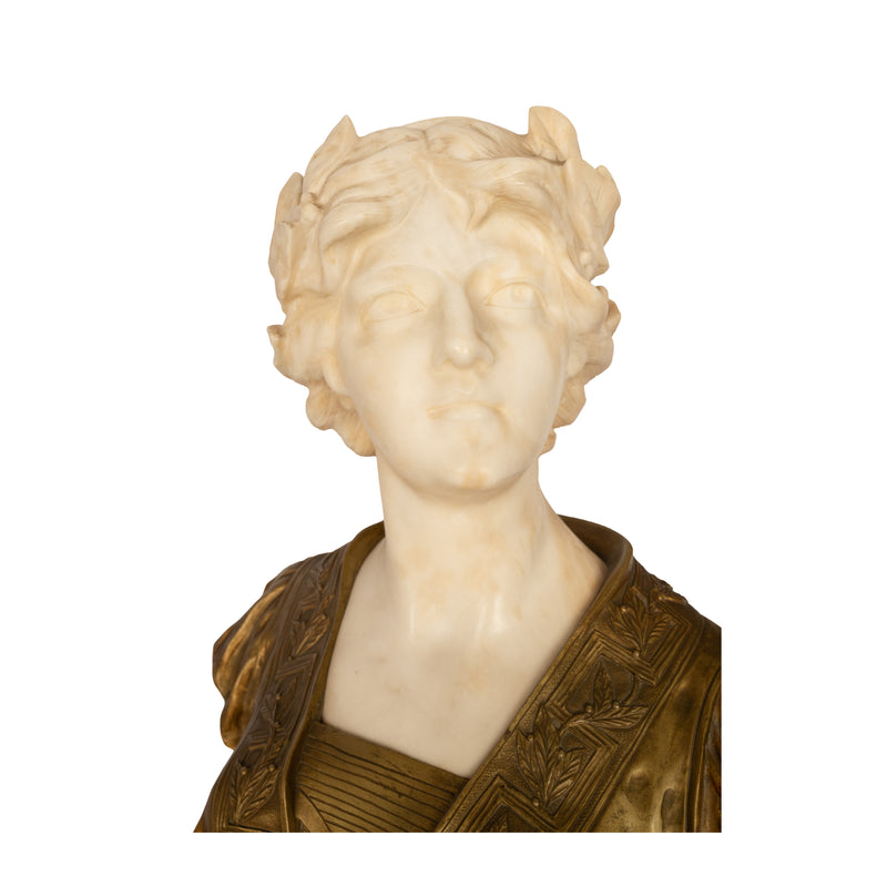 Antique Art Nouveau Female Carrara Marble Gilt Bronze Bust Statue Sculpture by Gustave Van Vaerenbergh 1900