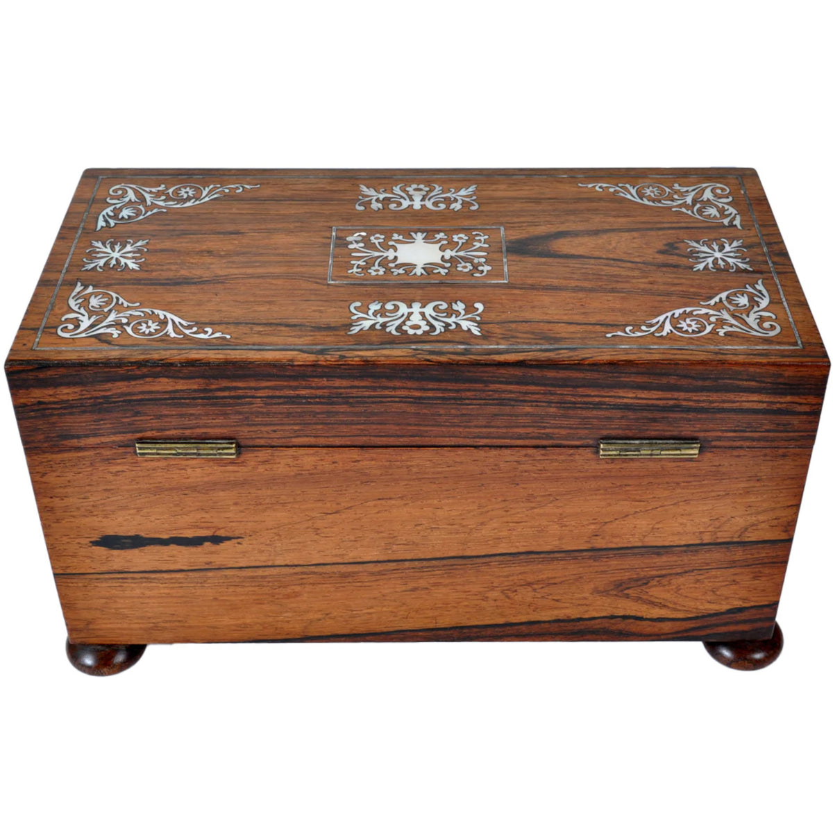 Antique English Georgian Regency Inlaid Rosewood Mother of Pearl Tea Caddy, Circa 1820