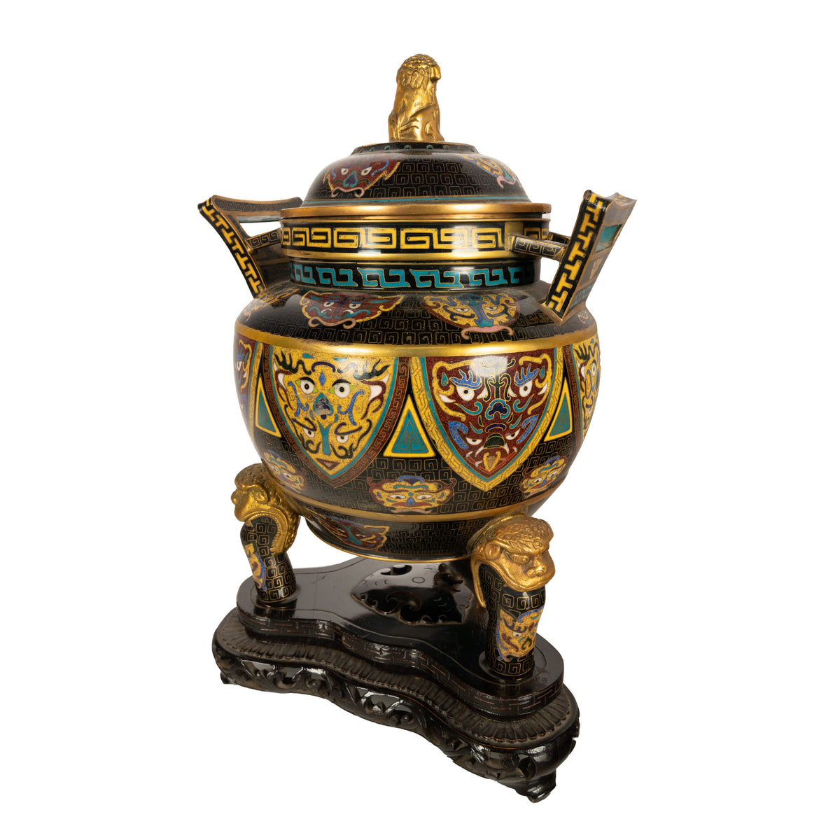 Antique Chinese Qing Dynasty Cloisonne Censer Ding Lidded Incense Burner 1870