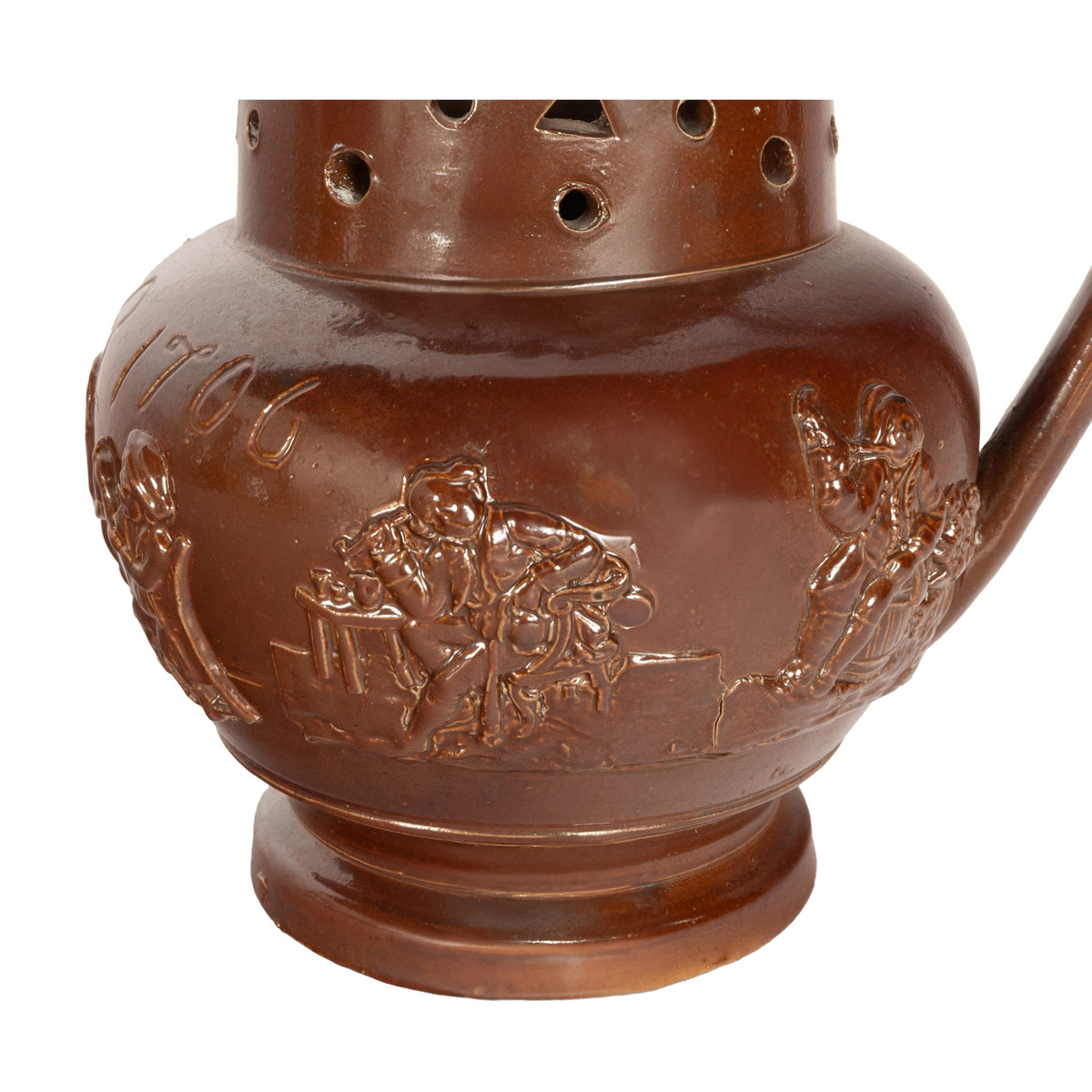 Antique English 18th Century English Brown Stoneware Puzzle Jug Nottingham 1706