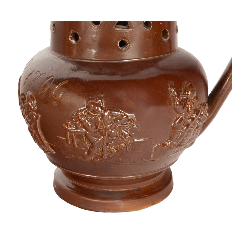 Antique English 18th Century English Brown Stoneware Puzzle Jug Nottingham 1706