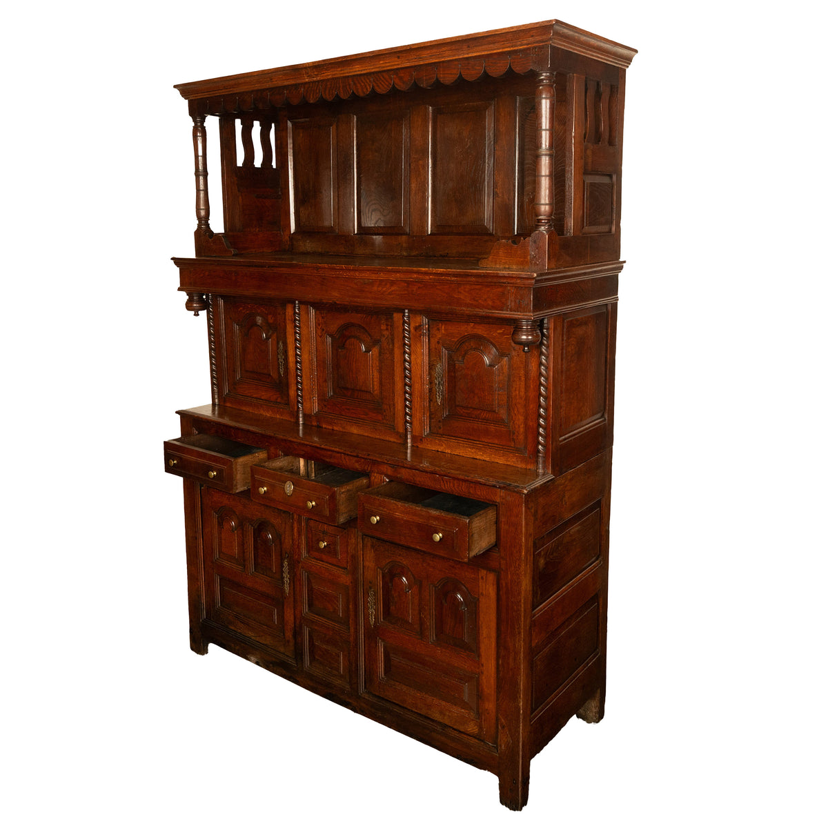 Antique Early 18th Century Carved Oak Welsh Cwpwrdd Tridarn Cupboard Cabinet 1730
