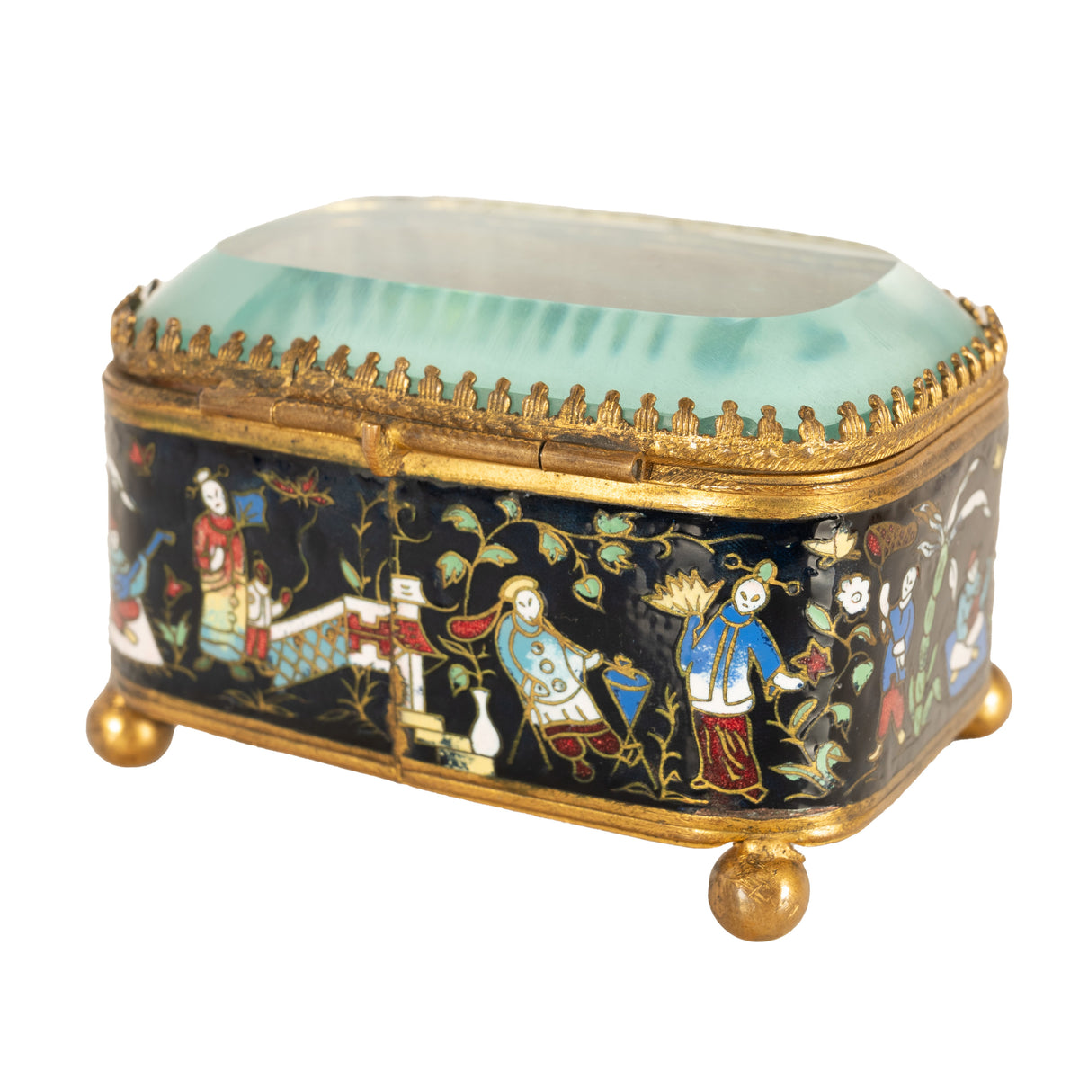 Antique French Gilt Brass Cloisonne Chinoiserie Champleve Jewelry Box Casket, 1880