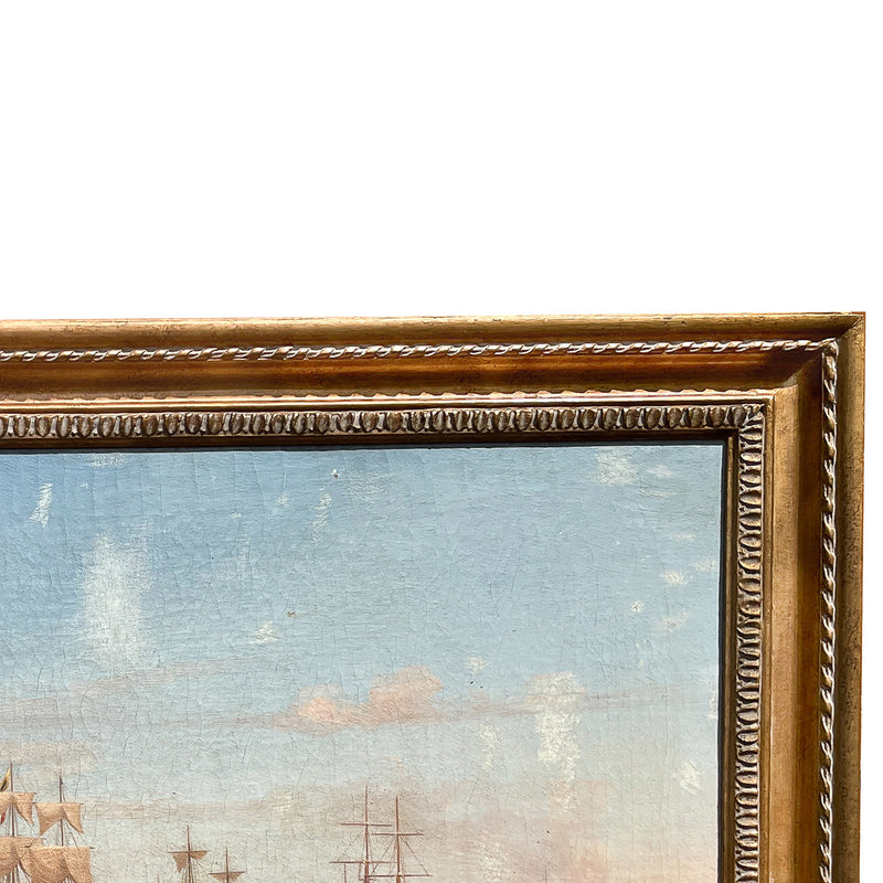 Antique Maritime Ships Oil Painting "British Fleet Bay of Naples"  by Tommaso De Simone, 1860