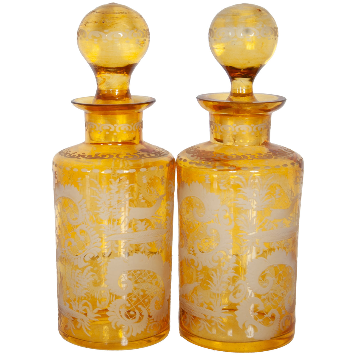 Antique Pair 19th Century Etched Bohemian Amber Glass Wine Liquor Decanters 1880