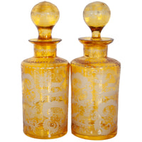 Antique Pair 19th Century Etched Bohemian Amber Glass Wine Liquor Decanters 1880
