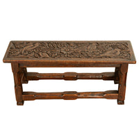 Antique English Carved Oak Arts & Crafts Hall Bench Seat 'Birds in a Tree' 1900
