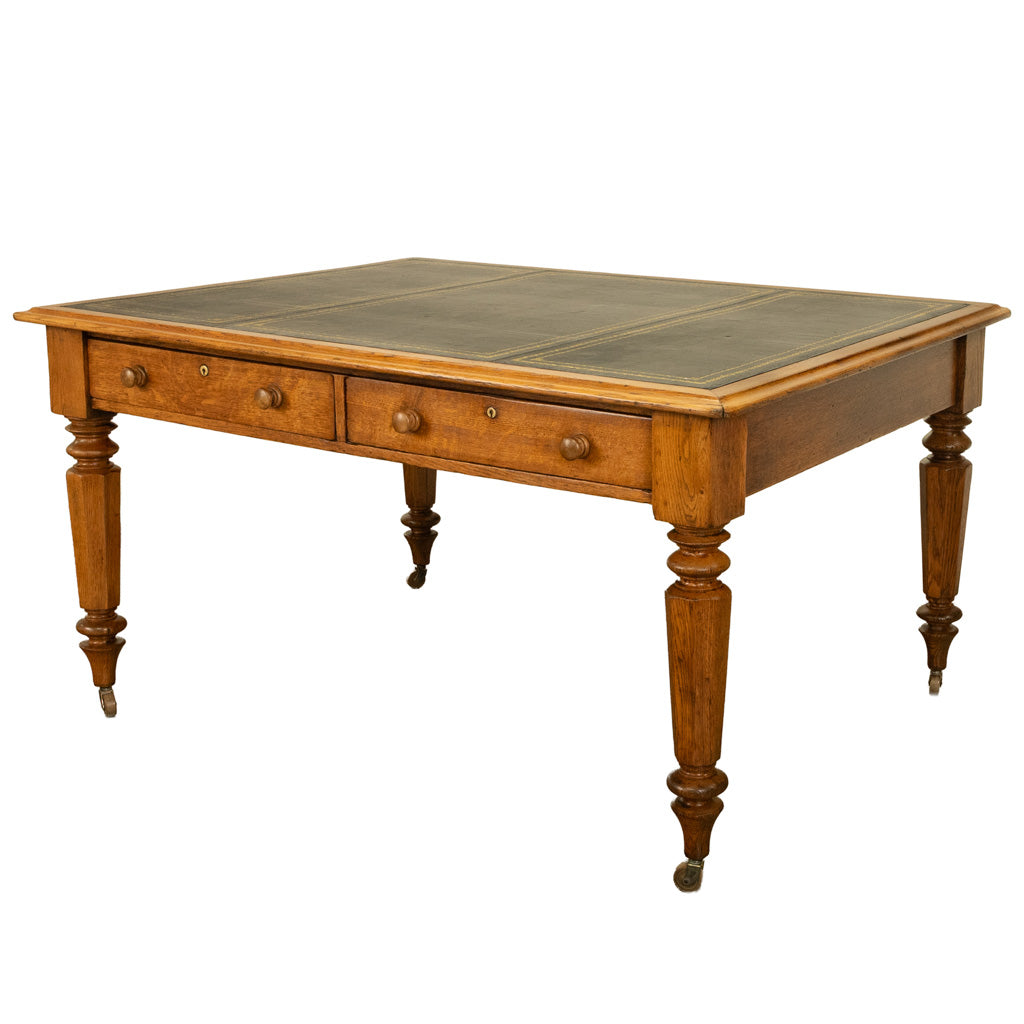 Antique English Oak & Leather Top Double-Sided Library Table Partner's Desk 1860