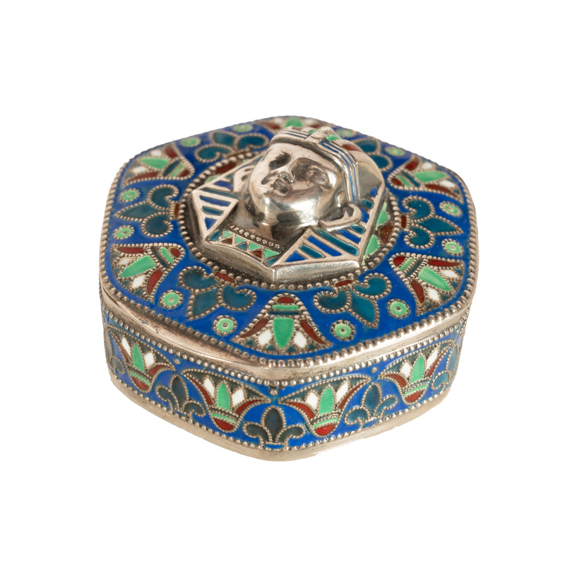 Antique Art Deco King Tut Egyptian Revival Silver Gilt Enamel Cloisonne Box 1925