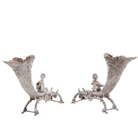 Pair Antique German Repoussé 800 Silver Cornucopia Cherub Vases Hanau 1890