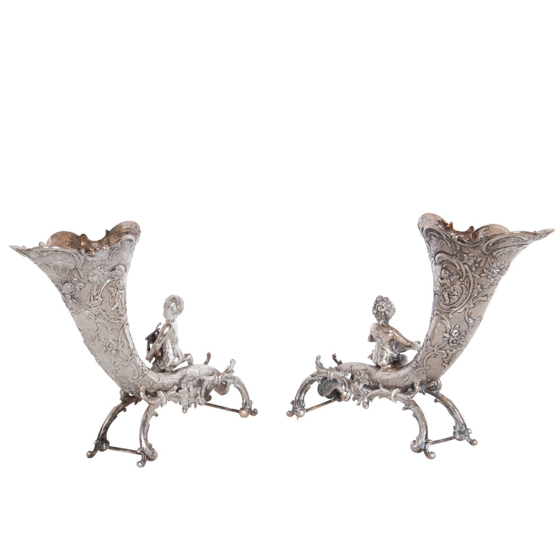 Pair Antique German Repoussé 800 Silver Cornucopia Cherub Vases Hanau 1890