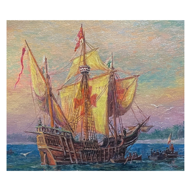 Antique American Nautical Ships Oil Painting "The Discovery" Jamestown Virginia by William Steeple Davis 1921