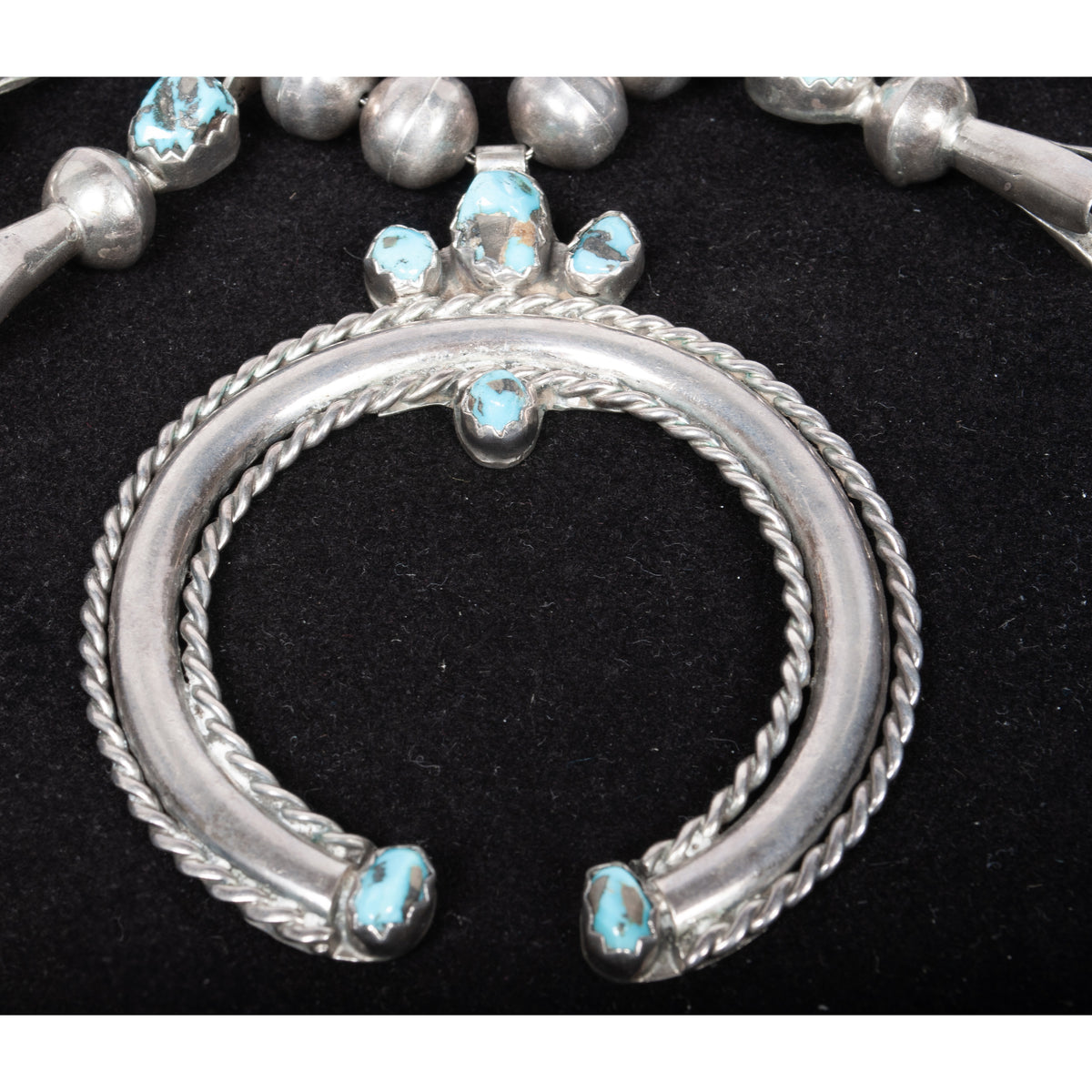 Antique Native American Navajo Sterling Silver Turquoise Squash Blossom Necklace