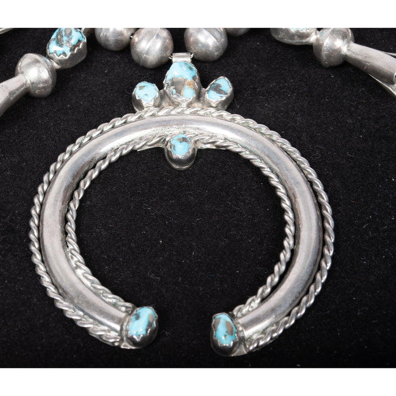 Antique Native American Navajo Sterling Silver Turquoise Squash Blossom Necklace