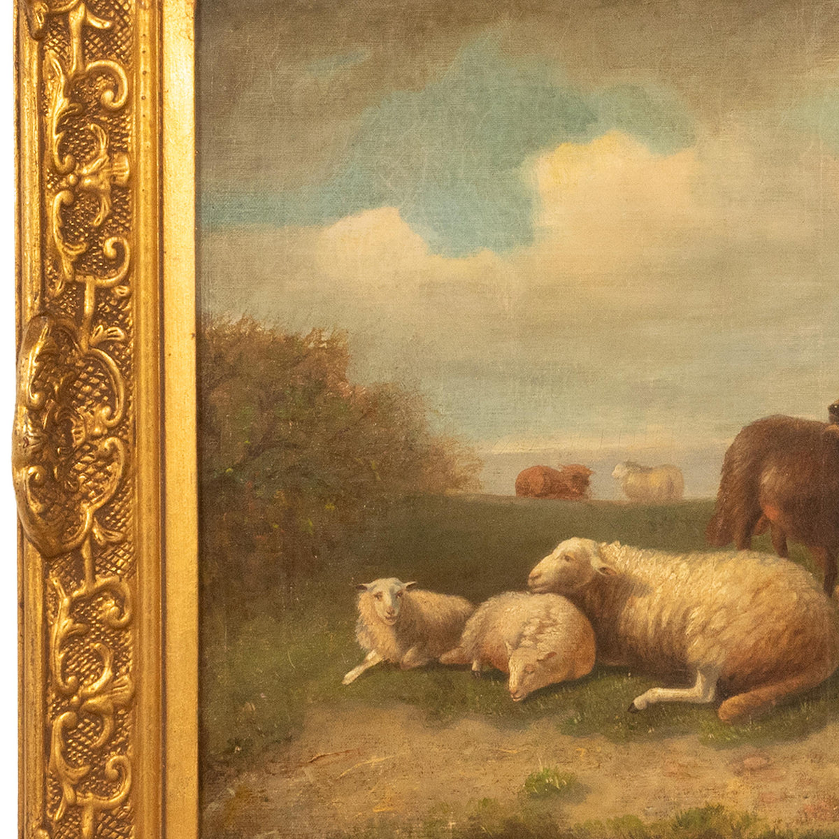 19th Century Belgian Realist Pastoral Oil Canvas Landscape Painting Ram Sheep & Goat