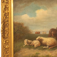 19th Century Belgian Realist Pastoral Oil Canvas Landscape Painting Ram Sheep & Goat