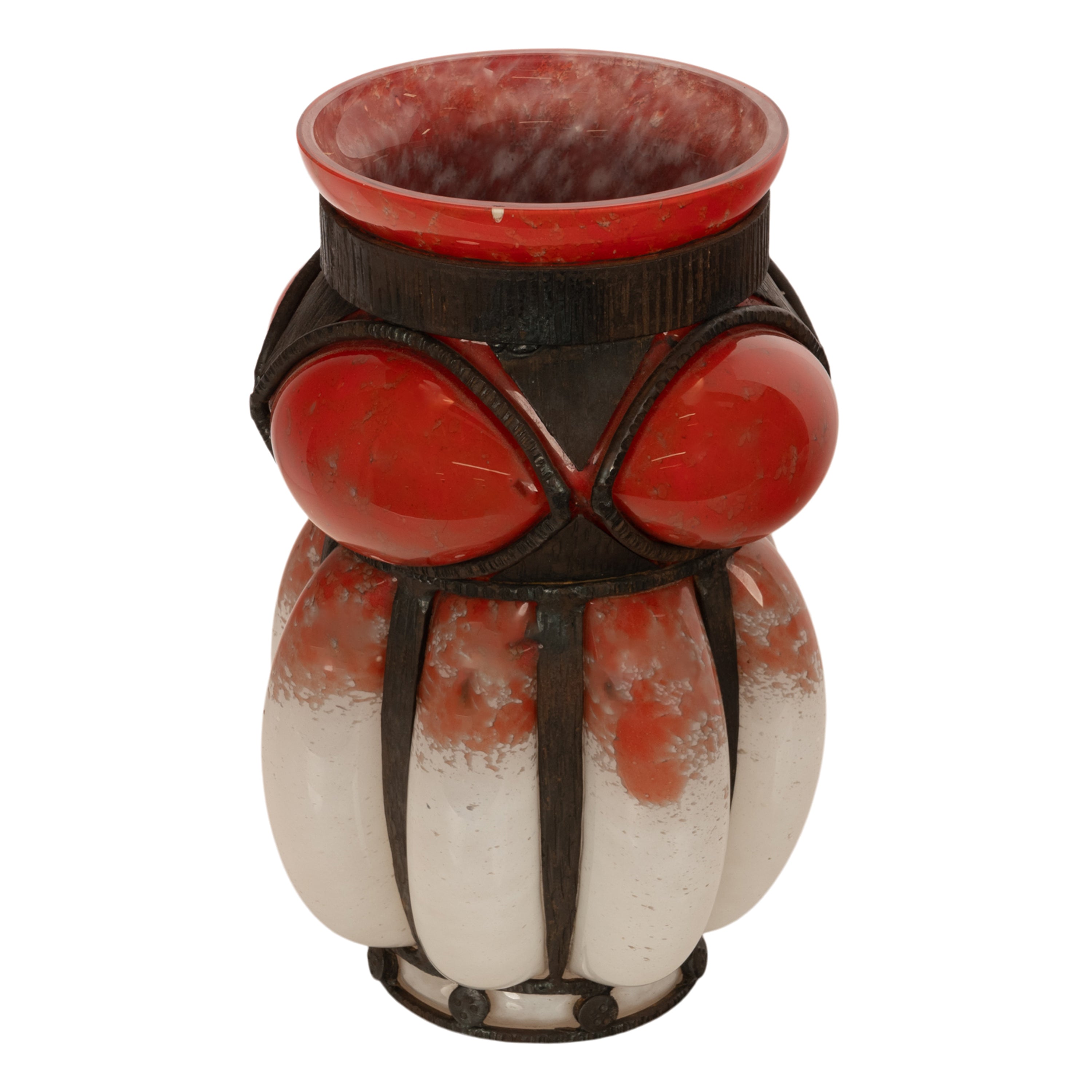 Antique French Art Deco Glass & Iron Vase Charles Schneider Edgar