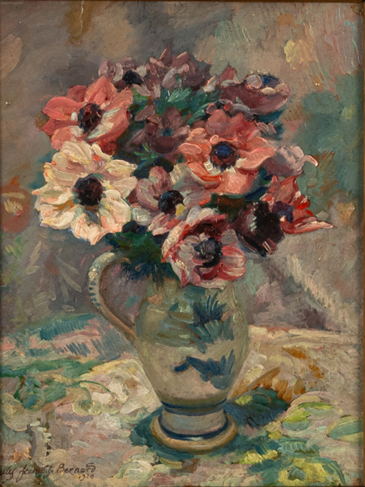 Antique French Impressionist Oil on Canvas Painting Floral Still Life By Jules-François Bernard 1920