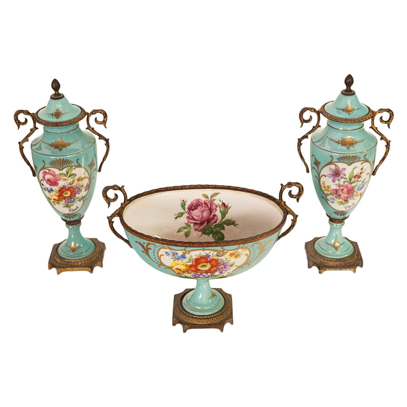 Antique French Pale Blue Sevres Paris Porcelain Ormolu Vase Coupe Garniture 1915