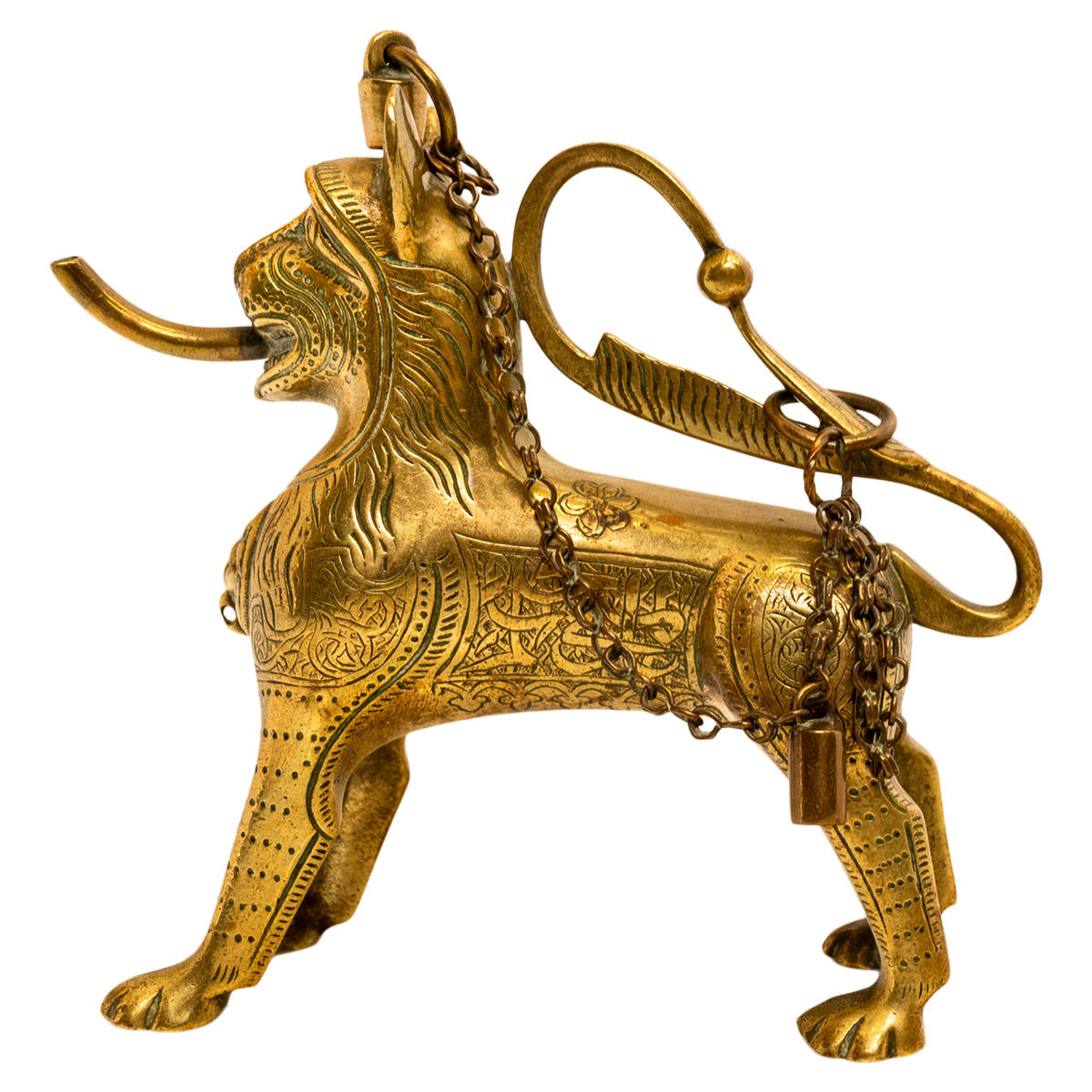 Antique Gilt Bronze Islamic Calligraphy Lion Table Lighter Lamp