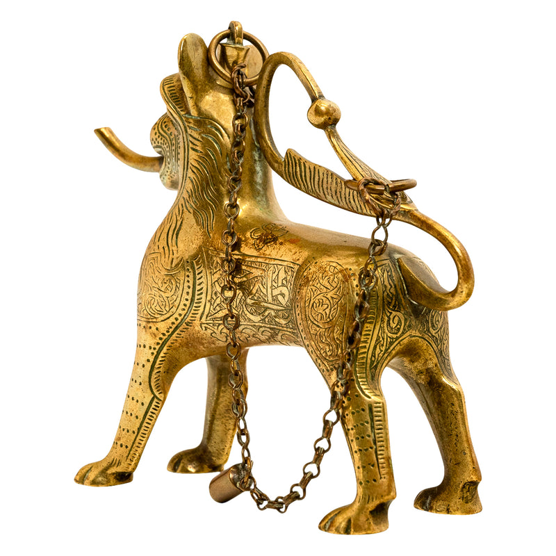 Antique Gilt Bronze Islamic Calligraphy Lion Table Lighter Lamp Aquamanile 1860