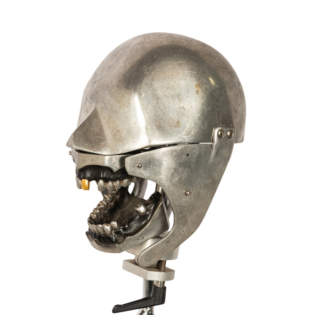 Antique Aluminum Teaching Dental Phantom Head Skull on Stand Gold Tooth 1920's