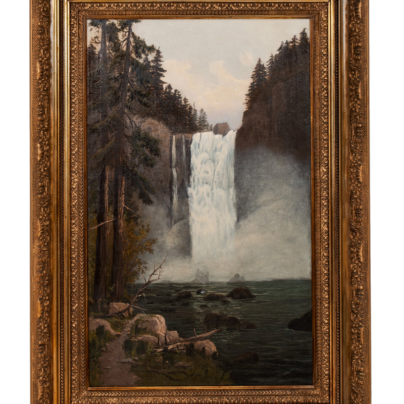 Antique American Oil on Canvas Landscape Painting Snoqualmie Falls Washington Signed "Whitaker" 1890