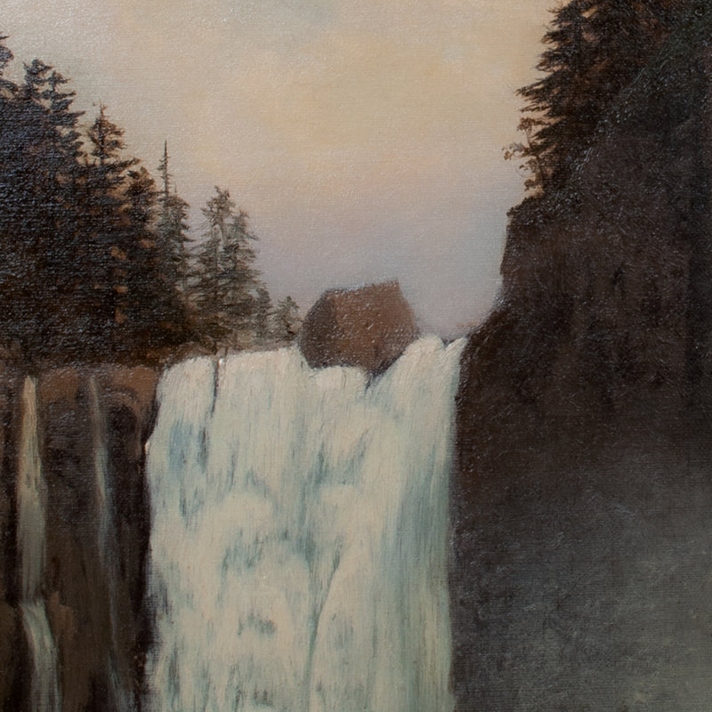 Antique American Oil on Canvas Landscape Painting Snoqualmie Falls Washington Signed "Whitaker" 1890