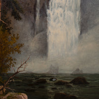 Antique American Oil on Canvas Landscape Painting Snoqualmie Falls Washington Signed "Whitaker" 1890