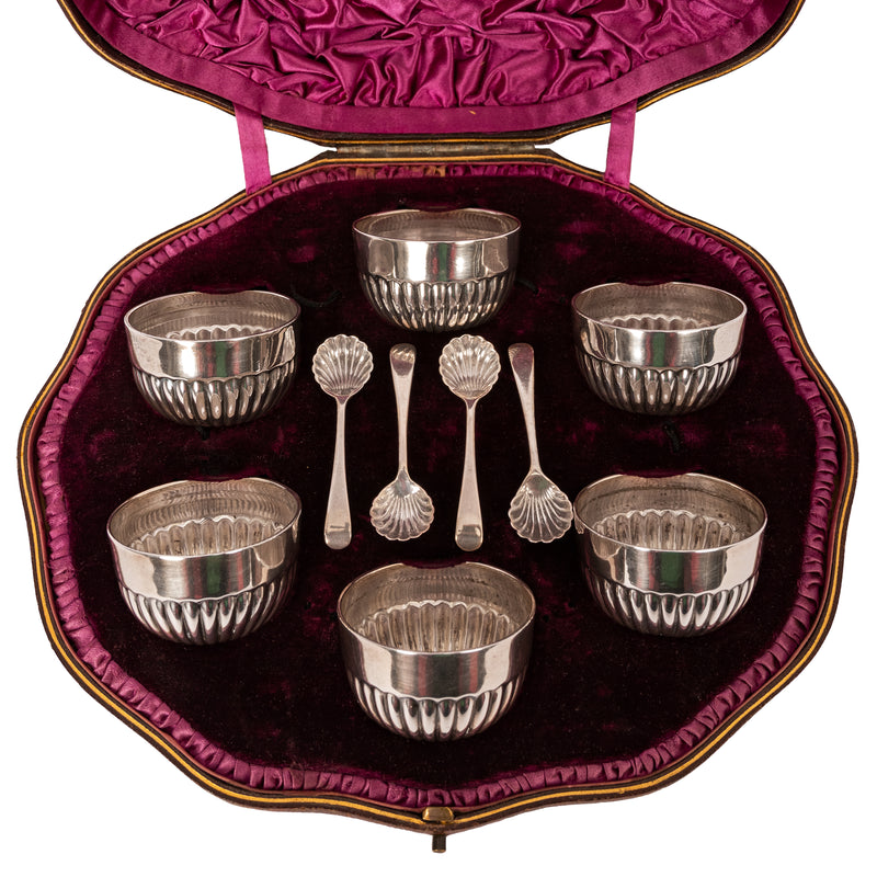 Antique English Mappin & Webb Sterling Silver Salts & Spoons Set in Case 1886