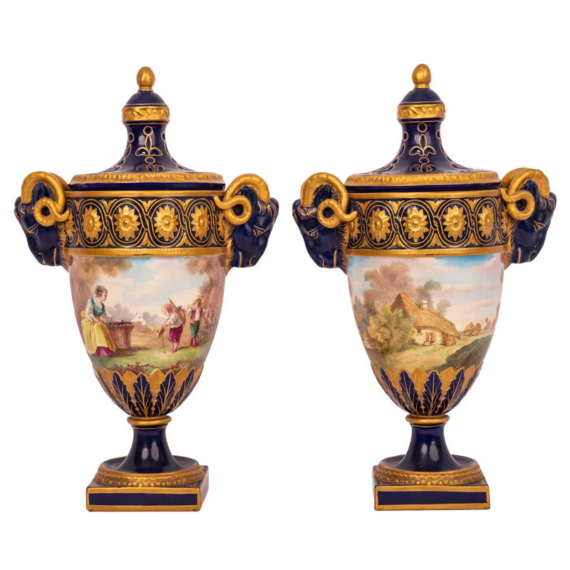 Pair French Antique Porcelain Rams Head lidded Vases Urns PotPourri Veuve Perrin