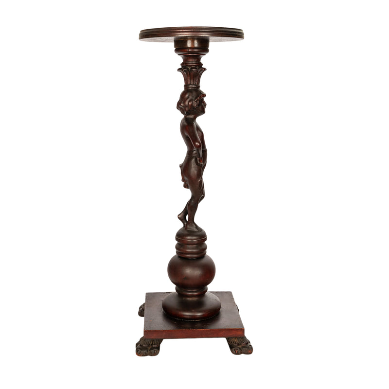 Antique Italian Carved Walnut Statue Pedestal Wine Candle Lamp Stand Table 1900