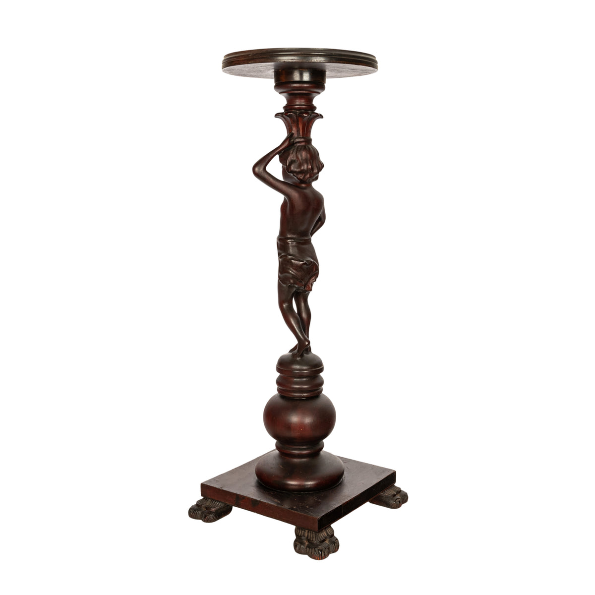 Antique Italian Carved Walnut Statue Pedestal Wine Candle Lamp Stand Table 1900