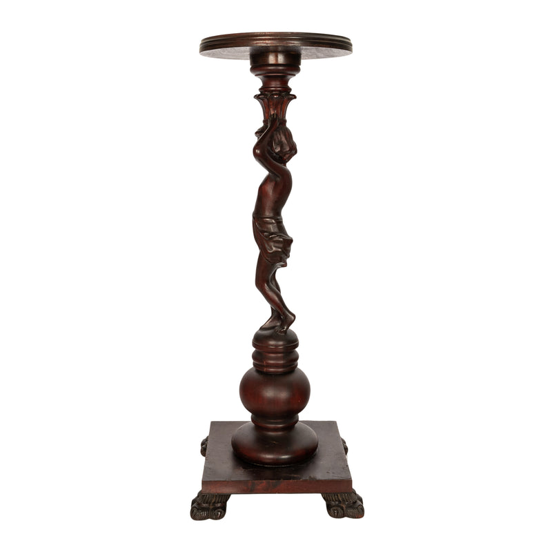 Antique Italian Carved Walnut Statue Pedestal Wine Candle Lamp Stand Table 1900