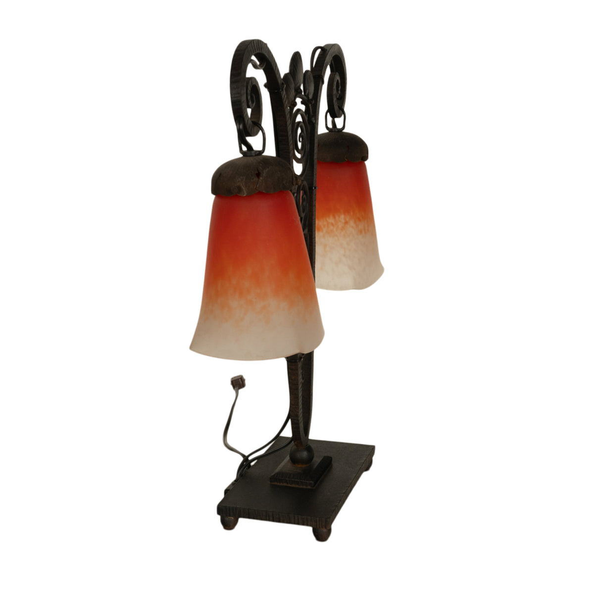 Antique French Art Deco Charles Schneider Art Glass Edgar Brandt Iron Lamp 1920