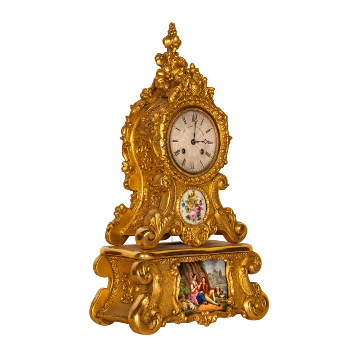 Fine Antique 19th Century French Rococo Gilded 8 Day Clock Sevres Porcelain, circa 1830