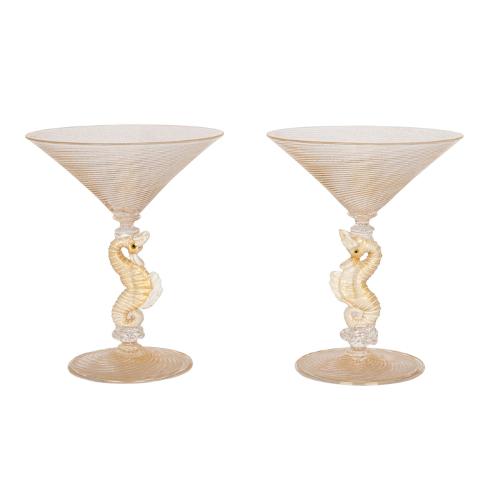 Pair Italian Venetian Murano Handblown Seahorse Cocktail Champagne Glasses Salviati 1910