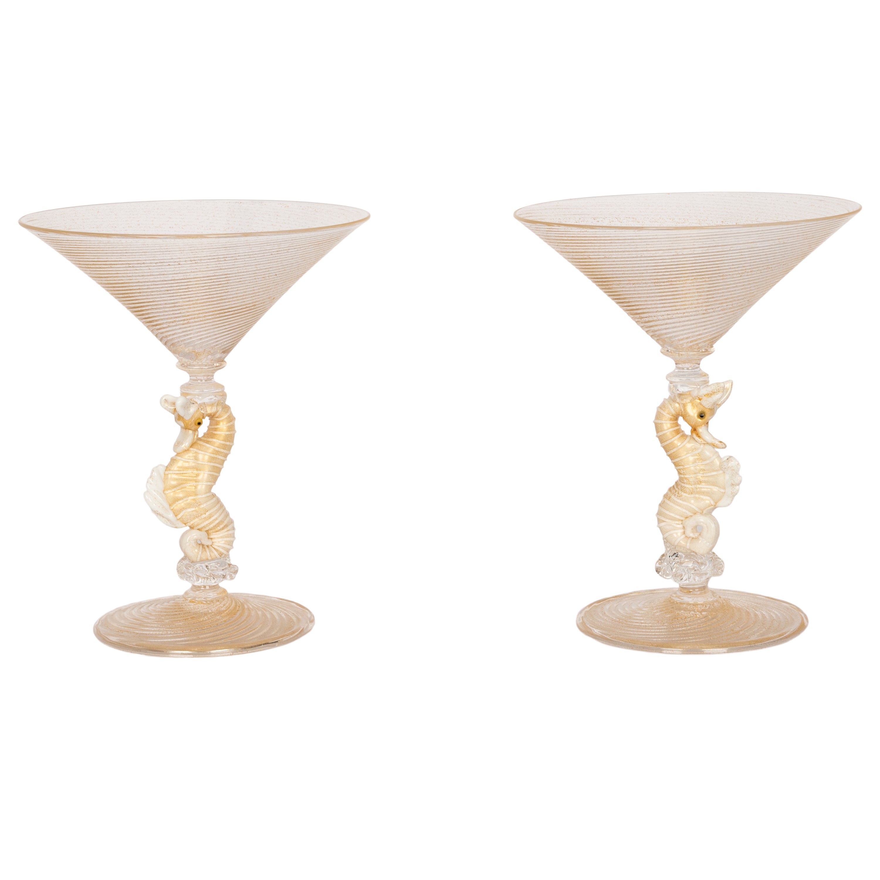 Pair Italian Venetian Murano Handblown Seahorse Cocktail Champagne