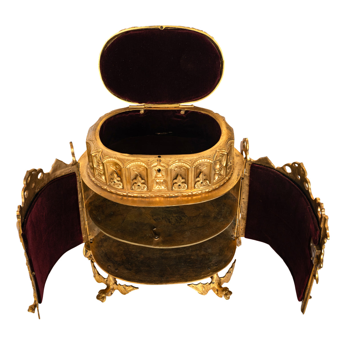 Antique French Gothic Revival Medieval Gilt Bronze Dore Reliquary Jewelry Box